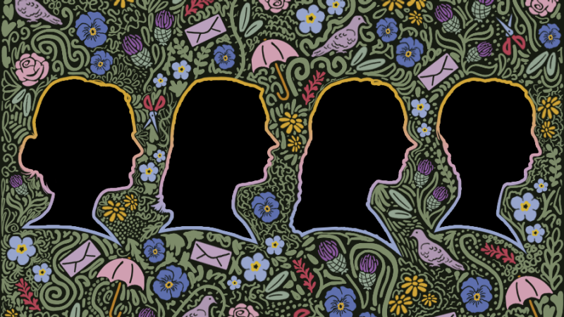 In illustration of four silhouettes, with a multi-colored floral background.