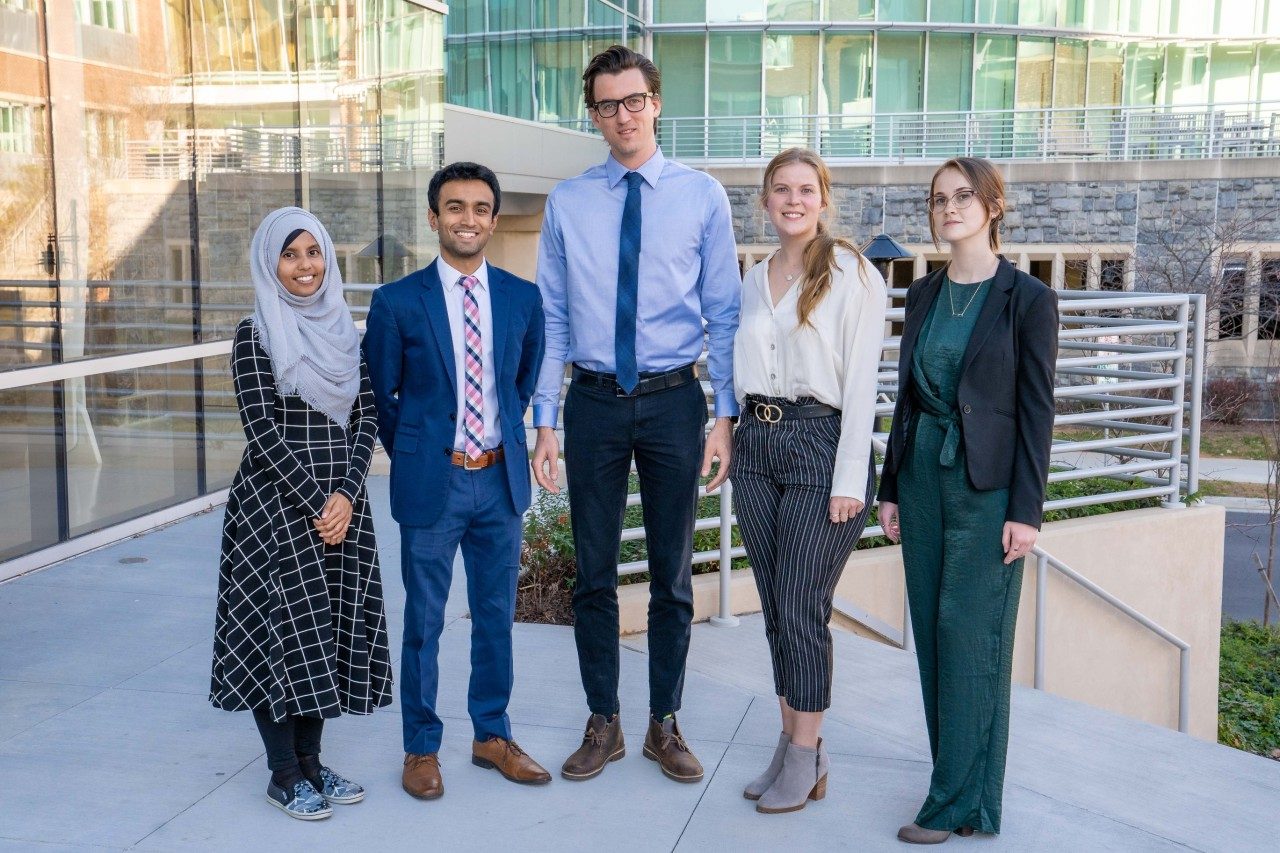 Second place-winning team CTCapture pitched a device to detect circulating tumor cells in the bloodstream to help cancer patients. Team members (from left) Renesa Tarannum, Noor Tasnim, Zach Hutelin, Catie Burgess, and Elliana Vickers. The Health Sciences and Technology Hokie Pitch competition was held in the Fralin Biomedical Research Institute at VTC.