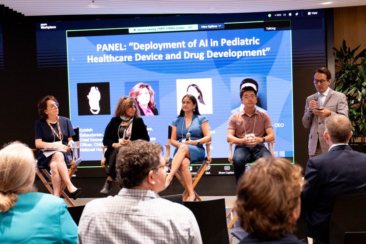 Vice President and Chief Innovation Officer Kolaleh Eskandanian of Children's National Hospital, Nawar Shara, chief of Research Data Science for MedStar Health; Therese Canares, assistant professor of pediatrics at the John Hopkins University; and Patrick Cheng, chief executive officer of eKare, talk about developing sophisticated tools for children's health care. Marius Linguraru (right) moderated the panel. Photos by John Pastor for Virginia Tech.