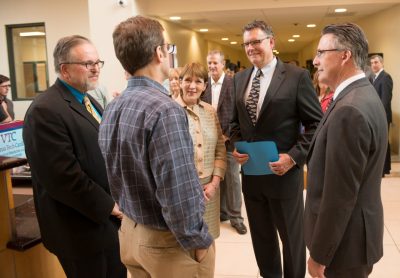 Warren Bickel (left) with Read Montague, professor and director of the institute's Center for Human Neuroscience Research; Carilion CEO Emeritus Nancy Howell Agee; Michael Friedlander, director of the Fralin Biomedical Research Institute at VTC; and Virginia Tech President Tim Sands.