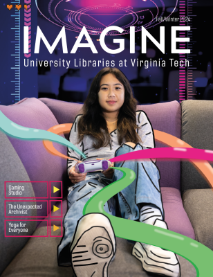 Imagine Magazine_Fall/Winter 2024 cover.  Photo of student in University Libraries Gaming Studio holding a video game controller. with illustration elements incorporated.