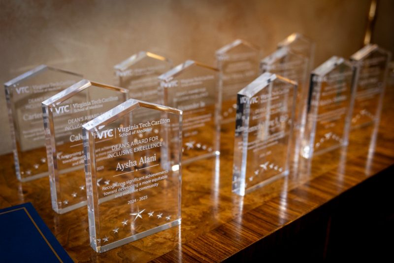 Clear awards with names etched on them are lined up on a wood table.