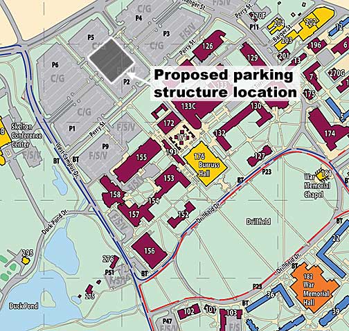 This excerpt of the university's campus map shows the location of the planned parking structure in the Perry Street commuter parking lot.