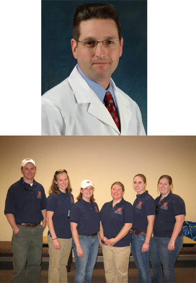 (Top) Dr. John Rossmeisl (Bottom) Teams of students from the veterinary college placed in six events during the recent Student American Veterinary Medical Association national symposium. The Bovine Palpation team, which placed third, included (left to right) Weston Mims, Jennifer Crain, Stacie Boswell, Tiffany Borjeson, Sarah Krall, and Brooke Hoffman.
