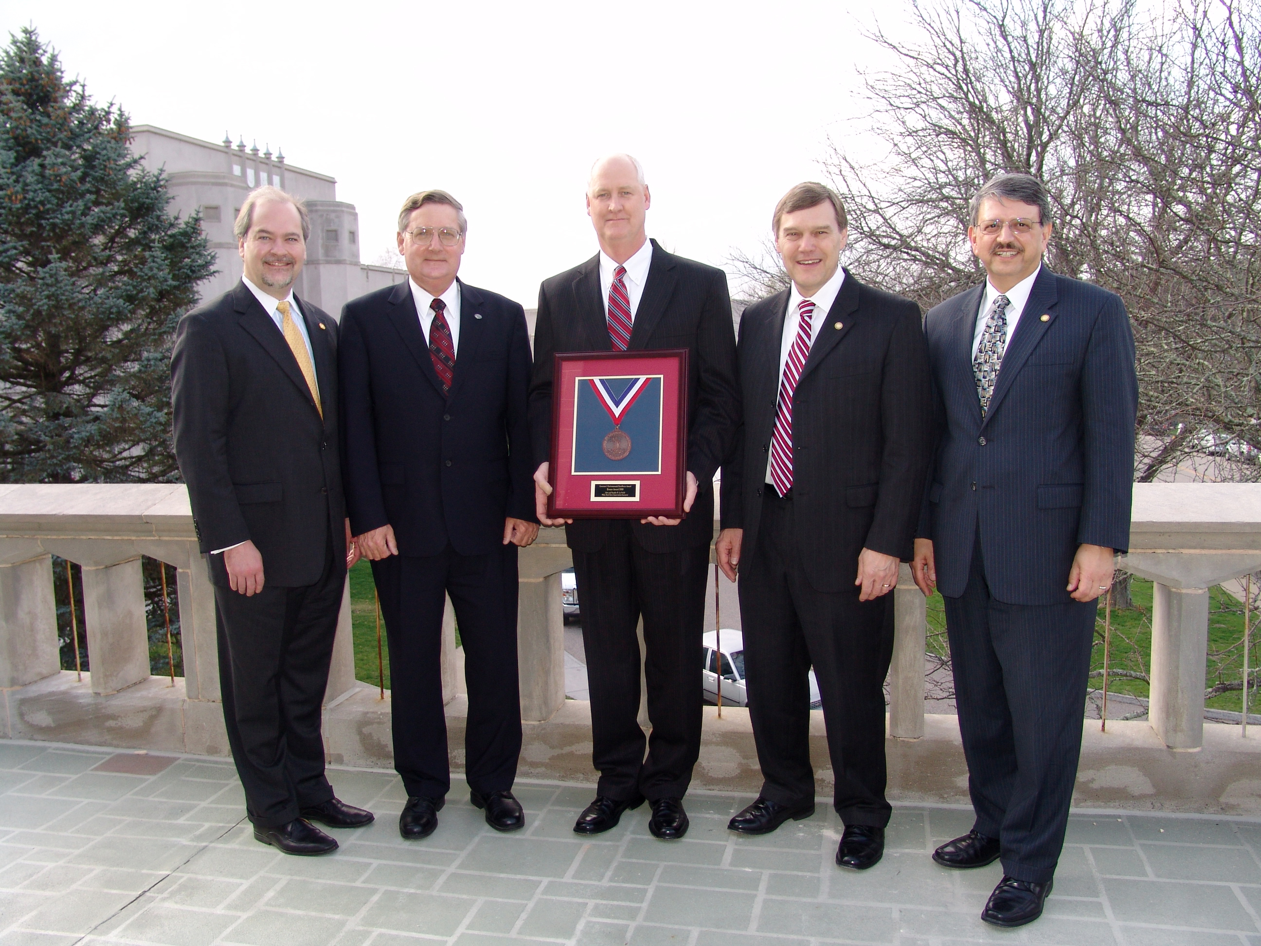 From left to right are Virginia's Secretary of Natural Resources L. Preston Bryant, Jr., Virginia Tech Sustainability Program Manger Denny Cochrane, Virginia Tech's Associate Vice President for Facilities Services Mike Coleman, Virginia's Director of Environmental Quality David Paylor, and Virginia's Director of Conservation and Recreation Joe Maroon.
