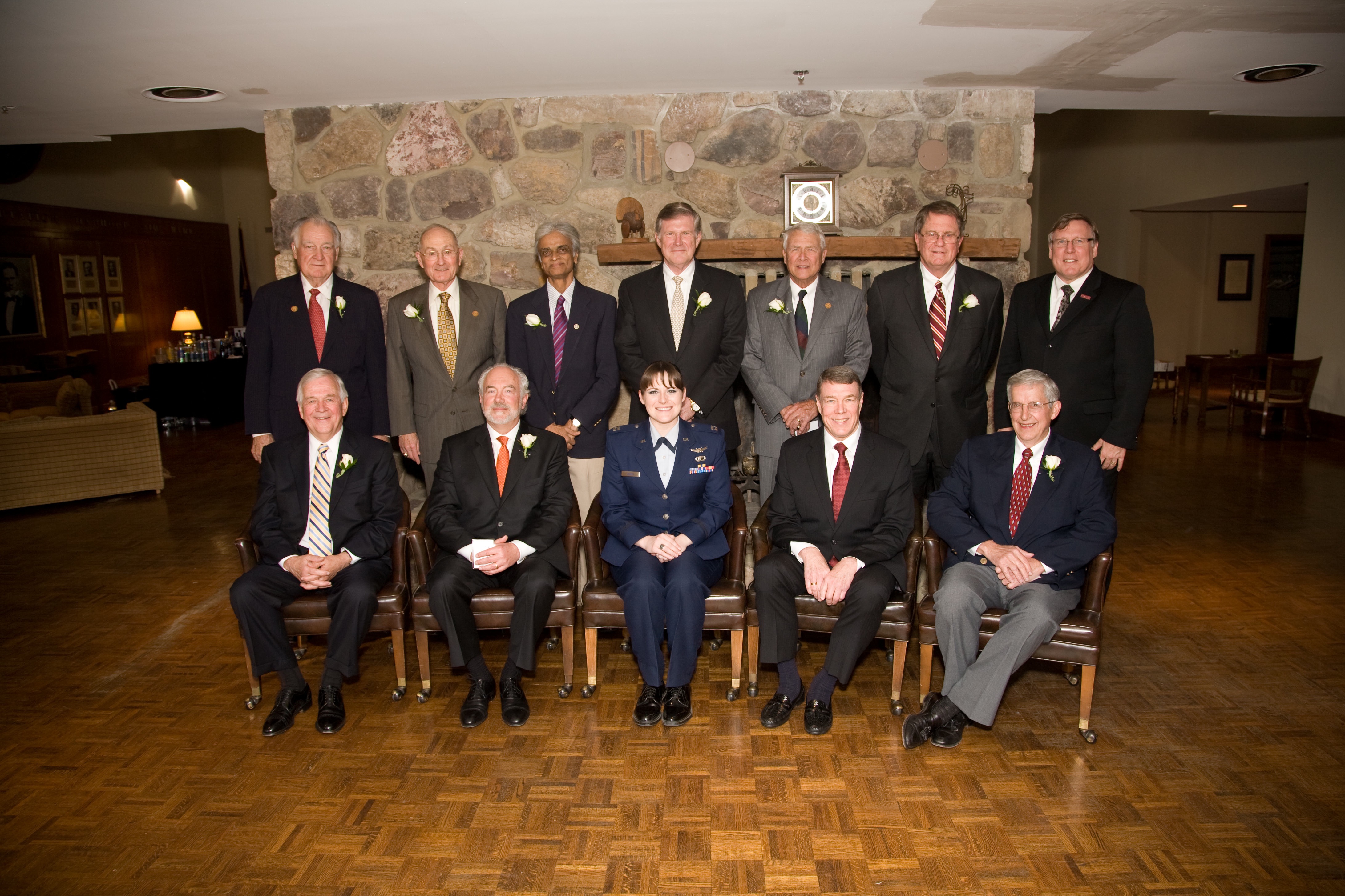 The new members of Virginia Tech's Academy of Engineering Excellence, inducted in April of 2009, front row, left to right, are: The Honorable Joe May of Leesburg, Va.; A. Ross Myers of Worcester, Pa.; Capt. Kelley Jessee (named the 2009 Outstanding Young Alumna at the same event and not a member of the Academy) of Edwards Air Force Base, Calif.; Tom Cox of Boulder, Colo.; and Joseph Vipperman Jr., of Roanoke, Va. Back row, left to right, are: Stonie Barker of Naples, Fla.; and Hendersonville, N.C.; 