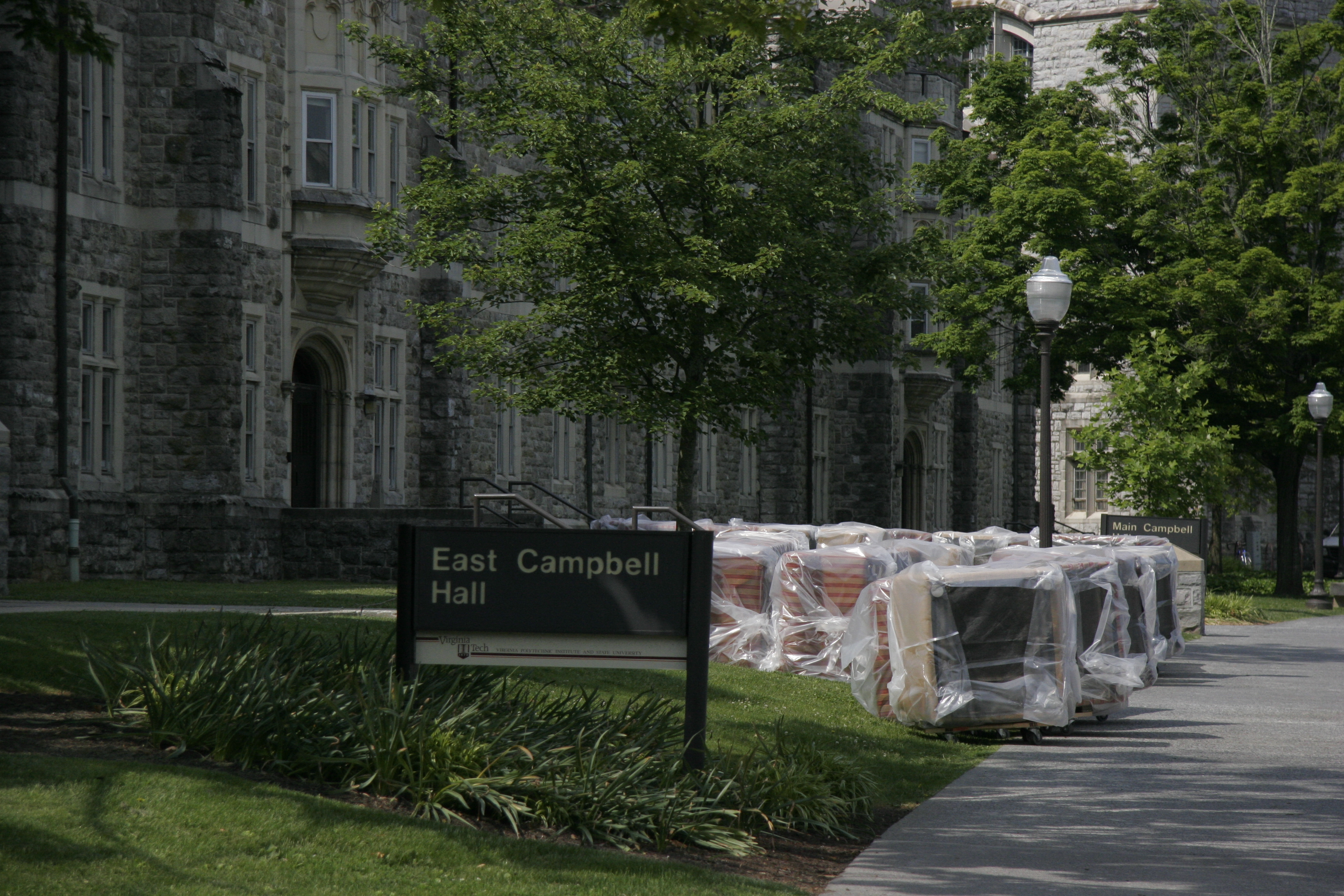New modular lounge furniture awaits installation in East Campbell Hall.