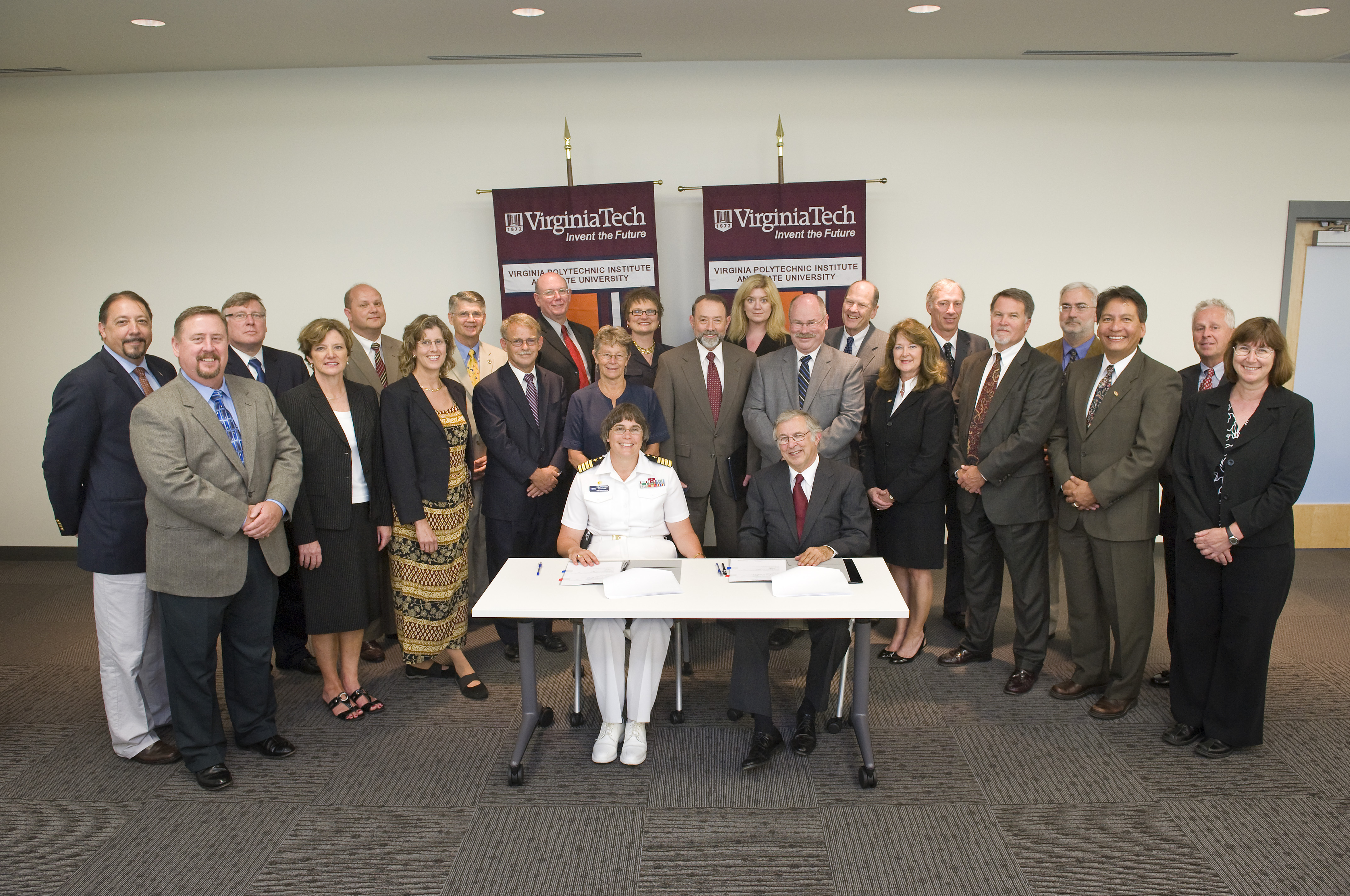 Capt. Sheila Patterson of the U.S. Navy, and Virginia Tech President Charles W. Steger signed a Cooperative Research and Development Agreement (CRADA) to allow for continued collaborative work in the areas of technology-based development to be defined by individual collaborative tasks. 