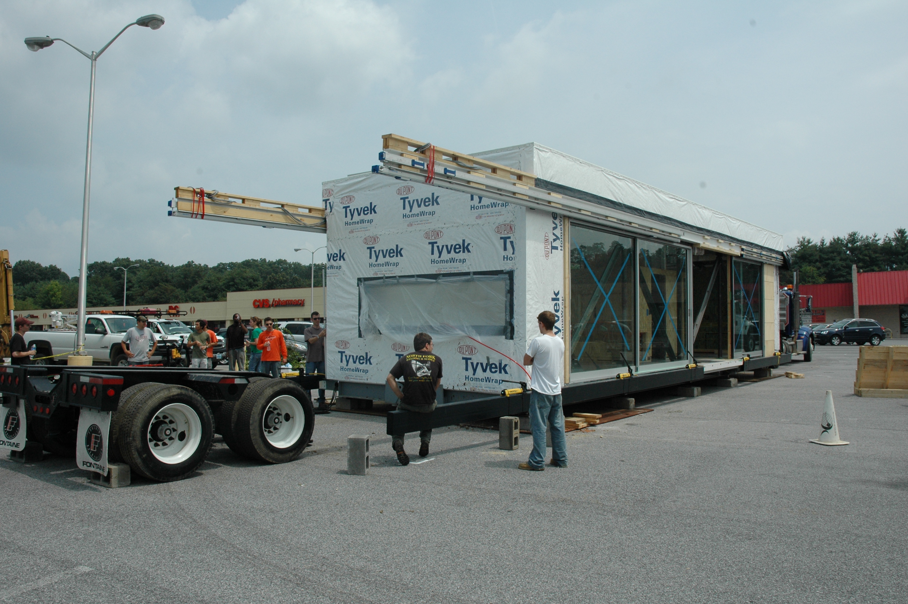 The Virginia Tech solar house was moved to Blacksburg Square shopping center on Aug. 9 so the team could plug into the town's grid to test the house's systems and raise awareness of the Solar Decathlon competition.