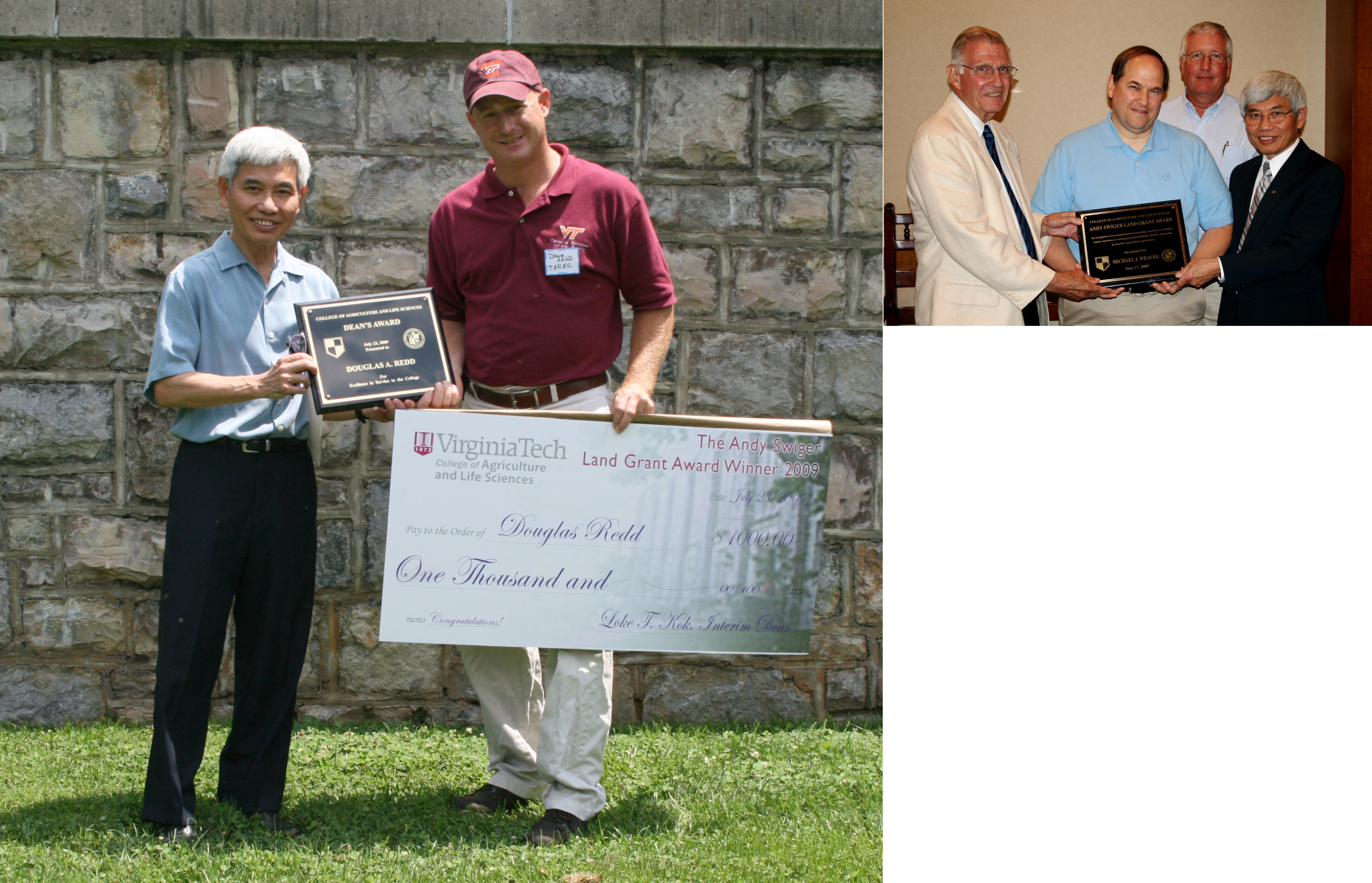 Top image: Loke Kok, interim dean of the College of Agriculture and Life Sciences (left), presents Douglas Redd with the 2009 Swiger Award. Bottom image: Dean Emeritus Andy Swiger (left) presents Michael Weaver with the 2009 Swiger Award. Also pictured: Rick Fell, interim head of the Department of Entomology, and Loke Kok, interim dean of the College of Agriculture and Life Sciences.