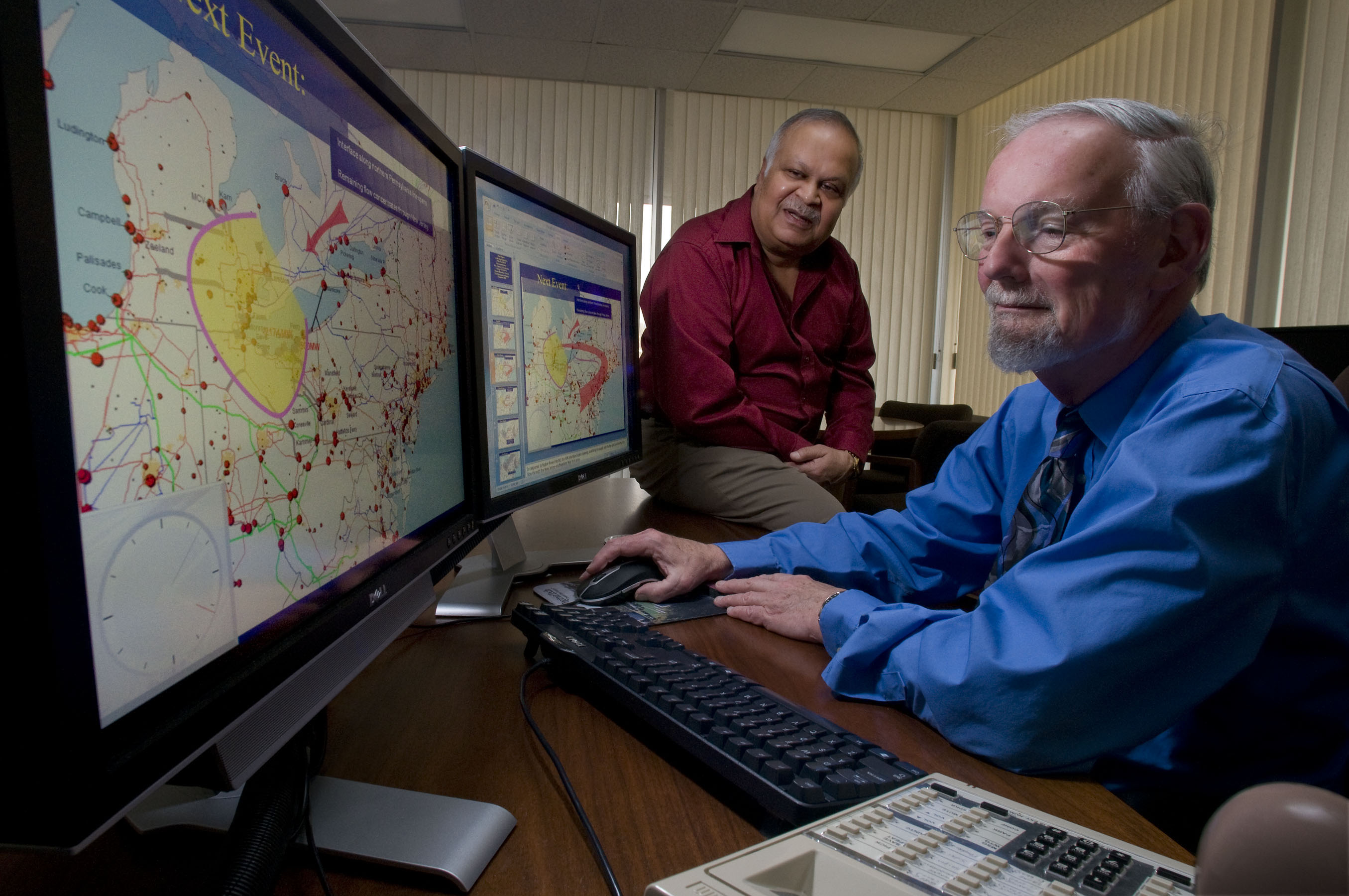 Jim Thorp (right) and Arun Phadke, Virginia Tech emeriti professors of electrical and computer engineering, are strongly involved in projects which amount to more than 50 percent of the available U.S. Department of Energy stimulus awards to modernize the electric grid system and to improve the security and reliability of the energy infrastructure.