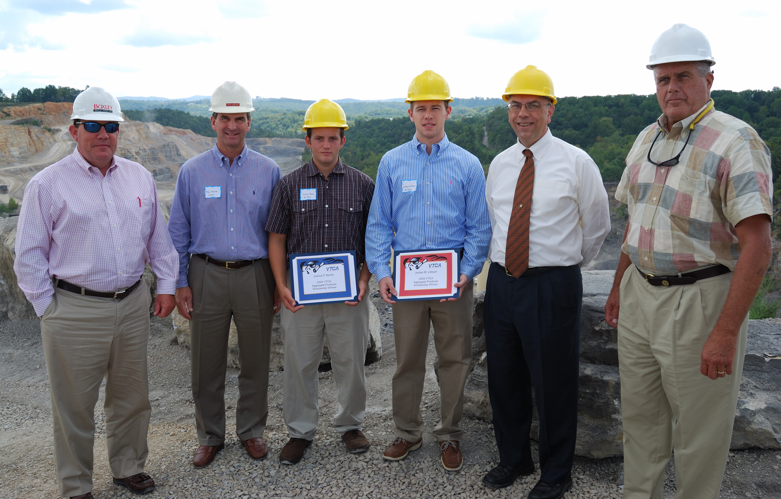 (Left to right)Bill Hamlin, Boxley Materials Co.; Mike Harcum, Carter Machinery; Joshua Morris; Jordan Littauer; Greg Adel, professor and mining and minerals engineering department chairman at Virginia Tech; and M.J. O'Brien Jr., president of Salem Stone. Hamlin, Harcum and O'Brien are members of the Virginia Transportation Construction Alliance, which awarded Morris and Littauer scholarships.