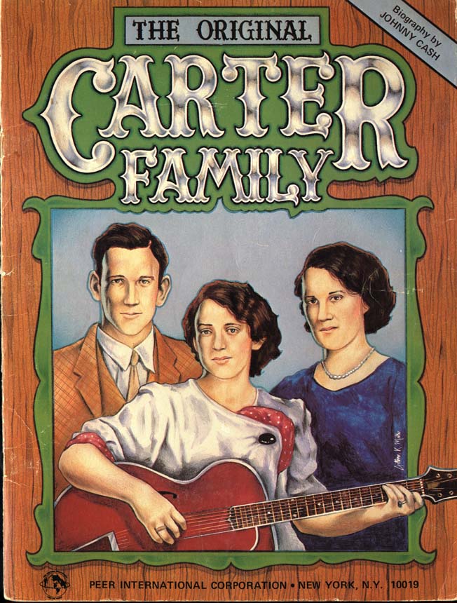 An illustration of A.P., Maybelle, and Sara Carter (l-r) from a book of their sheet music, that also includes a short biography of the family written by Johnny Cash. This book is just one item available for research in Special Collections at the Virginia Tech University Libraries.