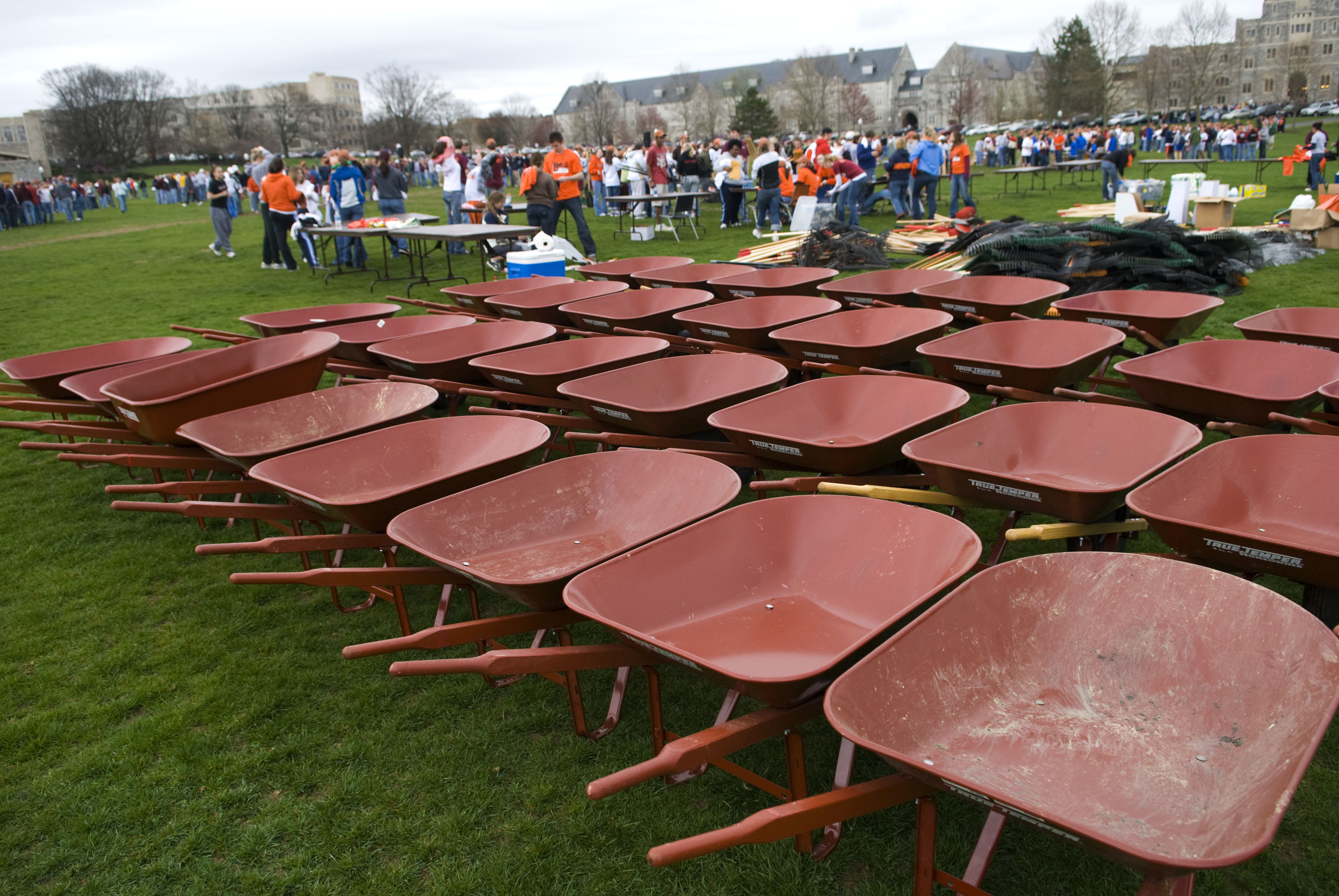 Rows of wheelbarrows line the Drillfield as volunteers gather for the 2008 Big Event.