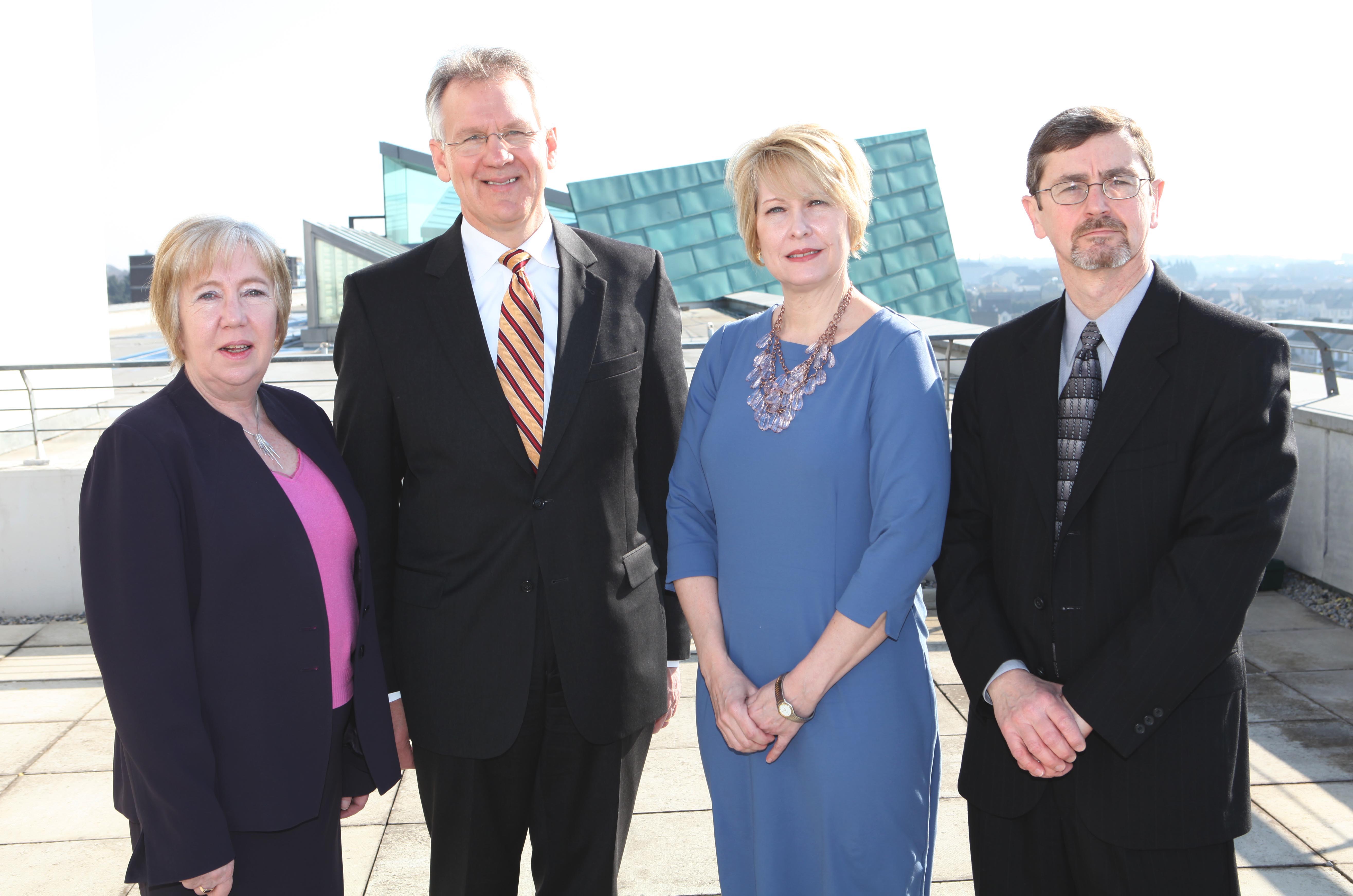 Pictured left to right are Marion Coy, president of the Galway–Mayo Institute of Technology; Paul Winistorfer, dean of the Virginia Tech College of Natural Resources; Betty Adams, executive director of the Southern Virginia Higher Education Center; Robert Bush, professor in Virginia Tech's Department of Wood Science and Forest Products.
