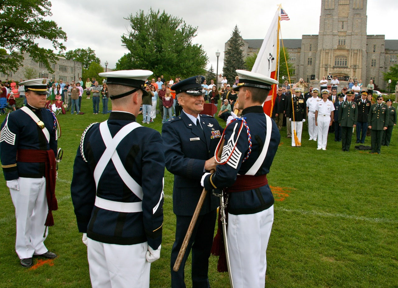 At the 2009 Change of Command Ceremony, the Commandant of Cadets Maj. Gen. Jerrold Allen officiates the passing of command from now 2nd Lt. Gaddis to Cadet John Steger.