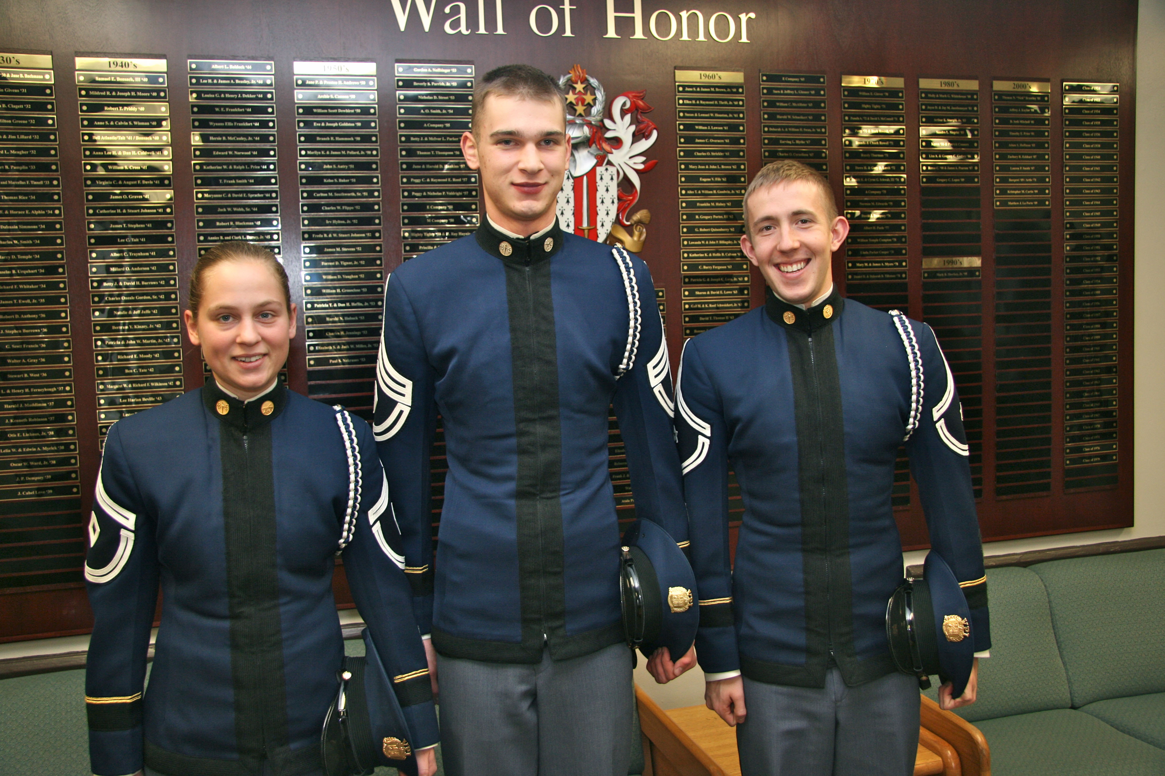 From left to right are Cadets Faith Mueller, Justin Hunts, and Charles Goodman