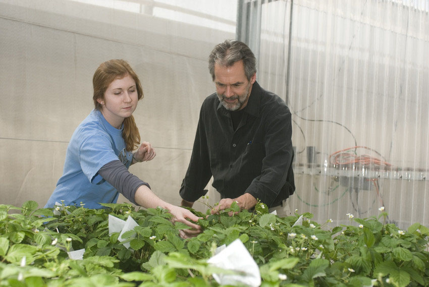 Student and professor in greenhouse