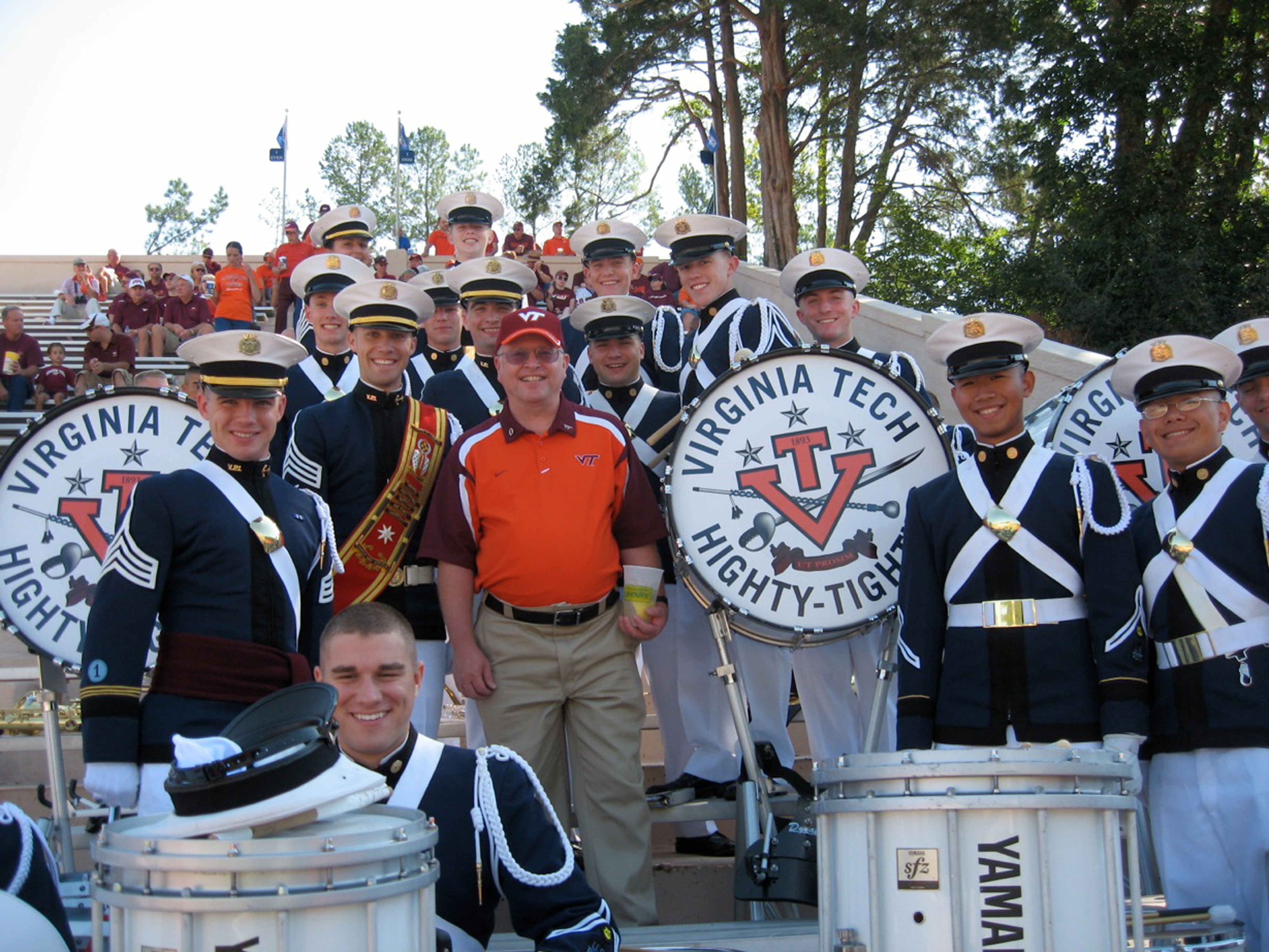 Members of the Highty-Tighties, the Regimental Band, with Assistant Director of Admissions retired Lt. Col. Gary Jackson, U.S. Army, Virginia Tech Corps of Cadets and Highty-Tighty Class of 1978 shown at the Duke game in 2009