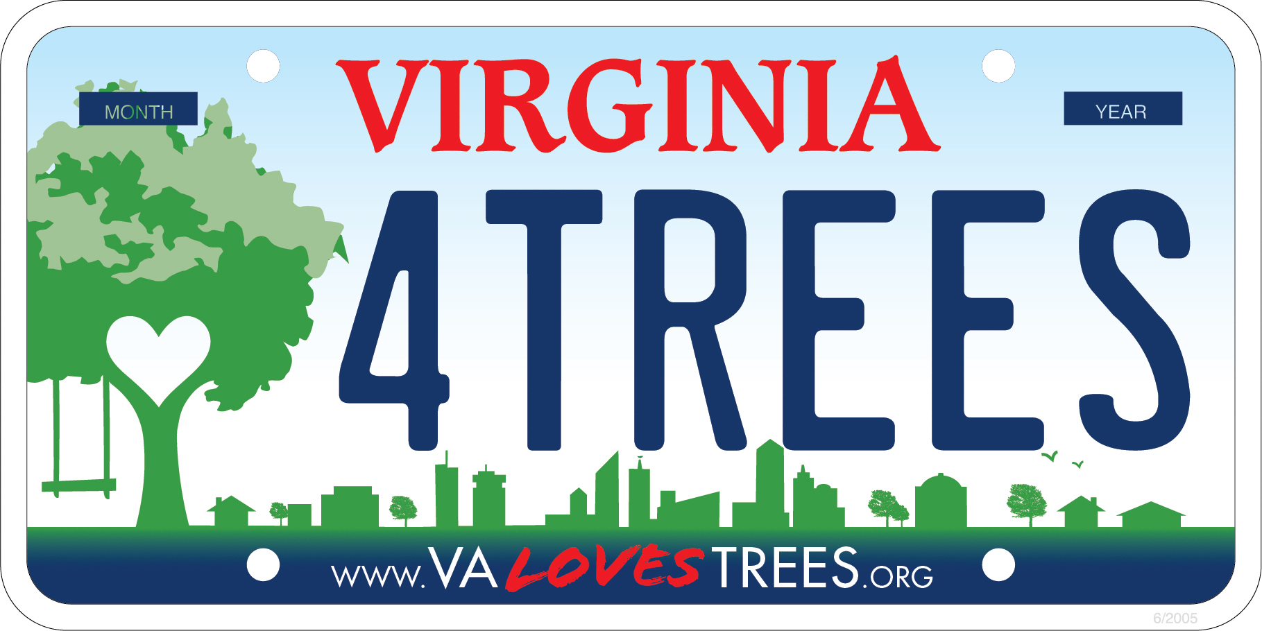 Design of the Virginia Loves Trees license plate, with a tree to the left side and a community skyline in the background.