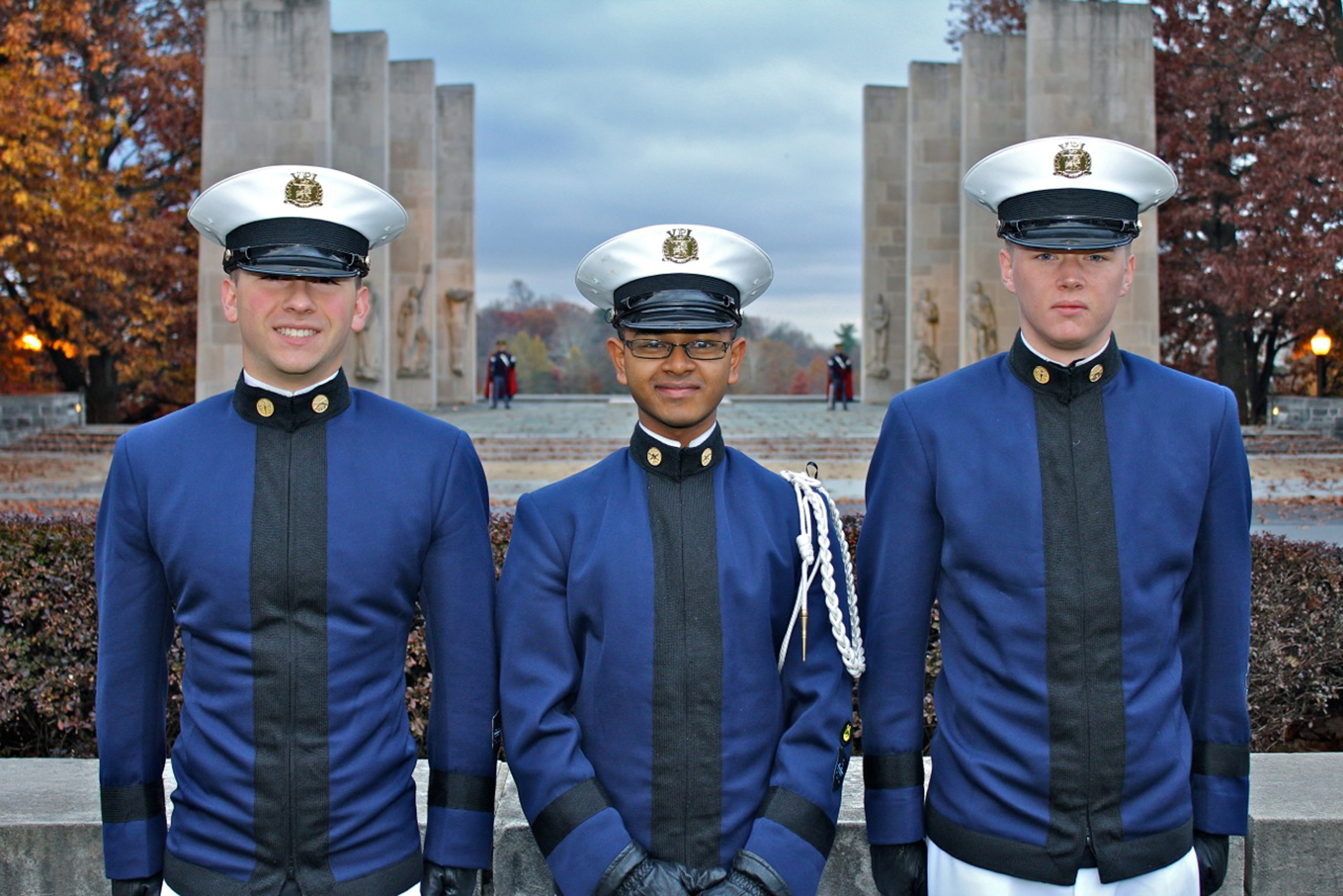 From left to right are Cadets Griffin Shaw, Syed Rumman, and Mark Foster in from of the Pylons
