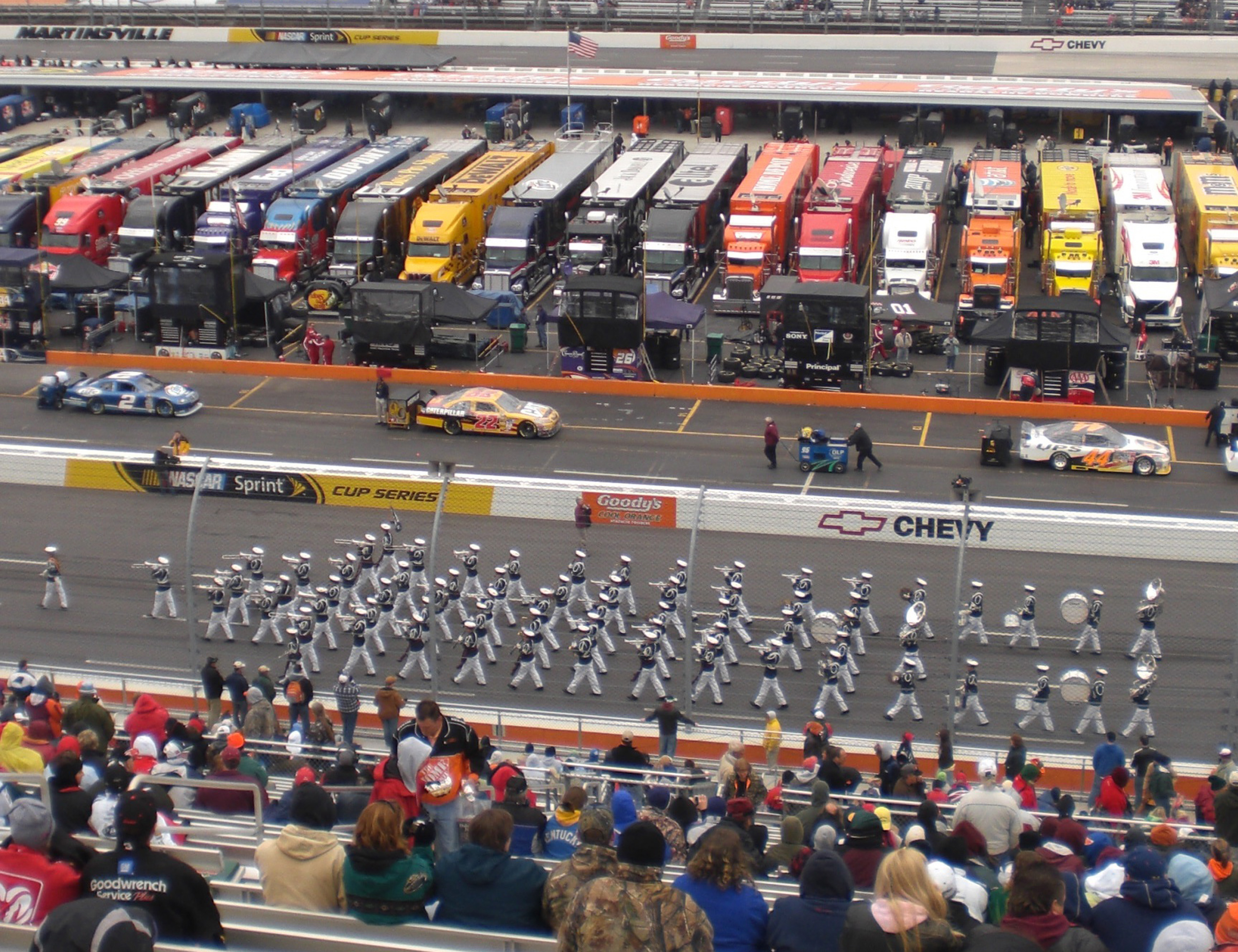 The Virginia Tech Corps of Cadets Regimental Band, the Highty-Tighties, is seen performing at Martinsville Speedway