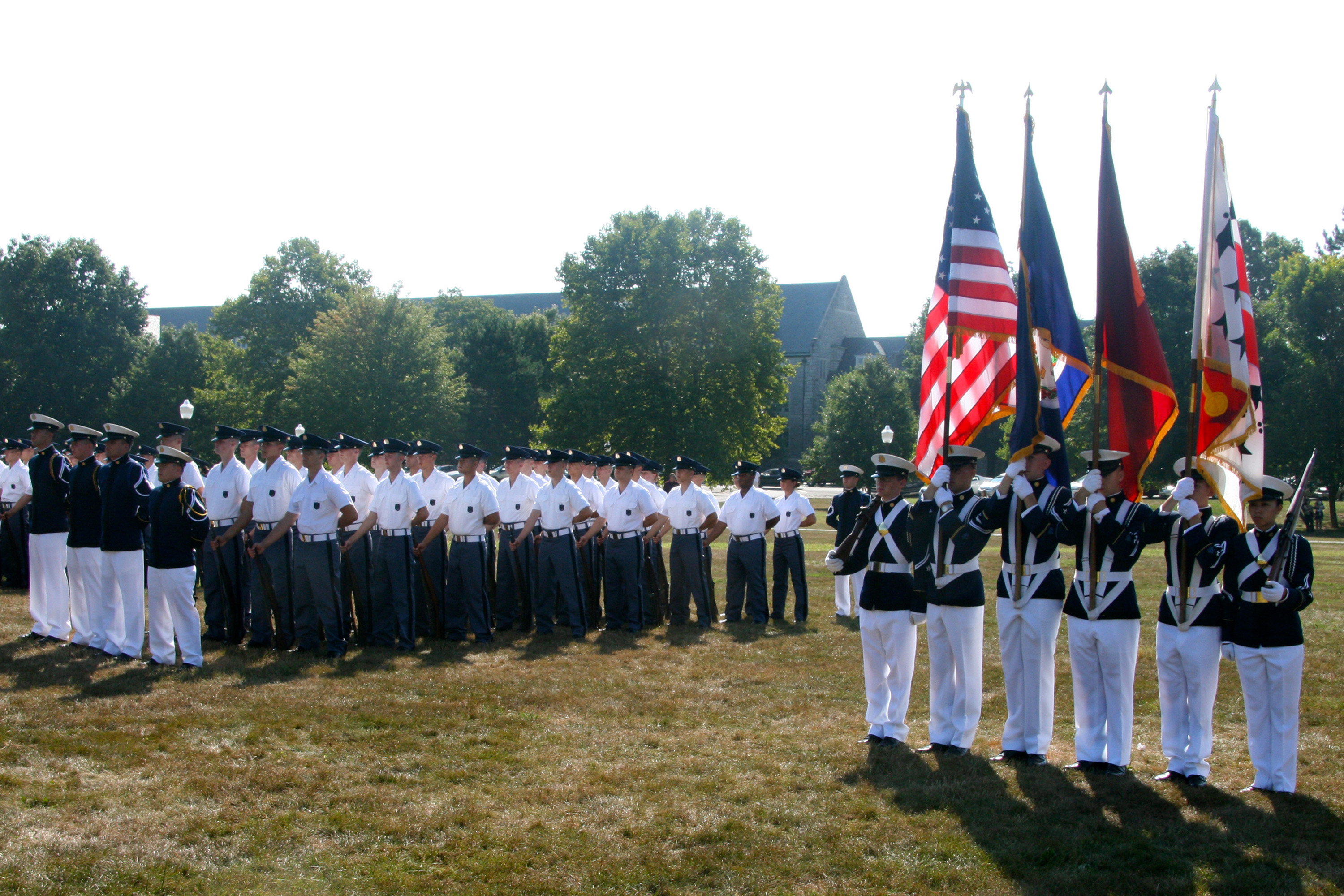 The Virginia Tech Corps of Cadets New Cadet Parade each August welcomes the new Corps of Cadets members, shown on the Drillfield, as they officially join the Regiment