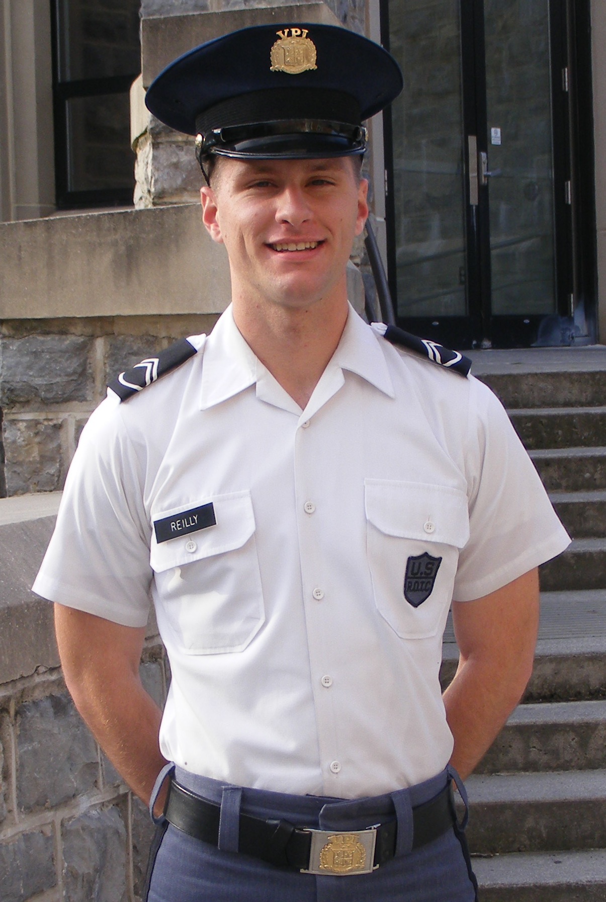 Cadet Mike Reilly in front of Torgersen Hall
