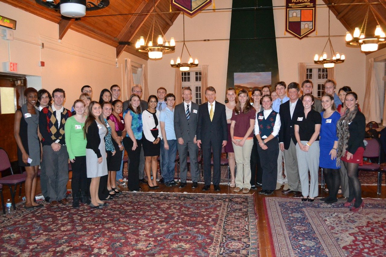 The University Honors students who will participate as the second cohort of the Presidential Global Scholars program met with Swiss Ambassador Manuel Sager and Christoph Ebel in Hillcrest Hall on Nov. 8, 2012.