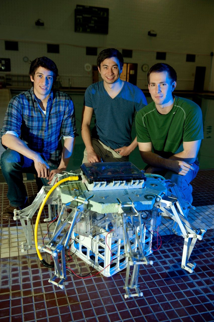 Left to right, robotic jellyfish research team members Alex Villanueva of St-Jacques, New-Brunswick, Canada, and a doctoral student; and Kenneth Marut of Washington, D.C, and Tyler Michael of Lexington, N.C., both masters students, all in the mechanical engineering program.