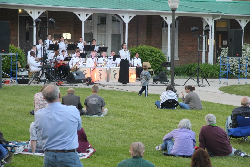 The Southern Colonels, the Virginia Tech Corps of Cadets jazz ensemble, perform at last spring's Jazz on the Upper Quad event in front of Lane Hall..