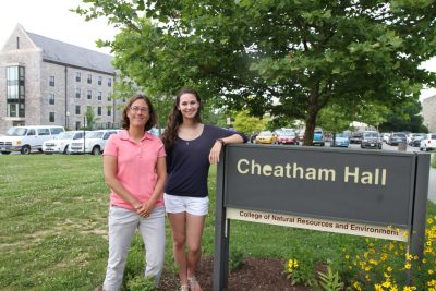 Emily Ronis and Sarah Karpanty standing by Cheatham Hall sign.