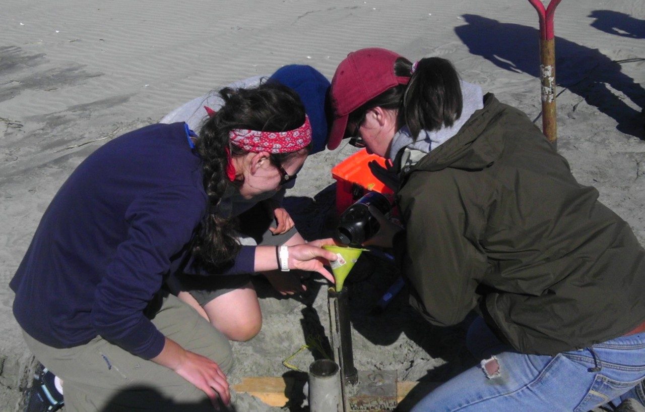 Emily Ronis (left), an undergraduate researcher at Virginia Tech, works with Ruici Ong, an undergraduate researcher at Duke University, and Zoe Carroll, another undergraduate researcher at Virginia Tech, to learn how to use a cannon net for capturing birds.