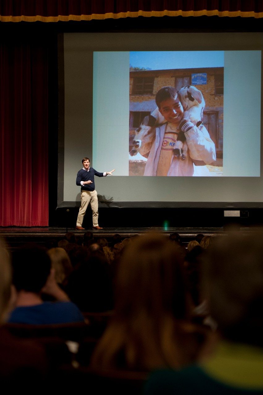Conor Grennan, the author of 'Little Princes," which is the university's 2013-14 and 2014-15 Common Book, gave a presentation in the Burruss Hall auditorium on Nov. 11, 2013.