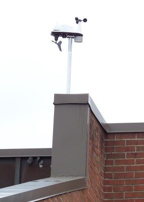A weather station mounted on top of a building