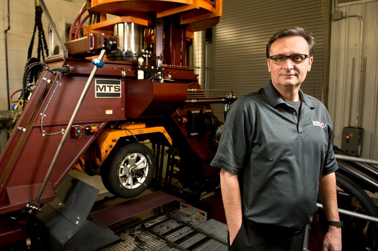 Frank Della Pia, executive director of the National Tire Research Center, an affiliated company of Virginia Tech and the Virginia Tech Transportation Institute, oversees research and testing of tires on the $11.3 million, custom-designed Flat-Trac LTRe tire machine in Alton, Va. 