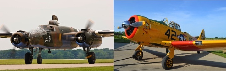 From left to right are two World War II era aircraft, the North American B-25 Mitchell bomber, “Axis Nightmare” and a North American AT-6 Texan Advanced Trainer.