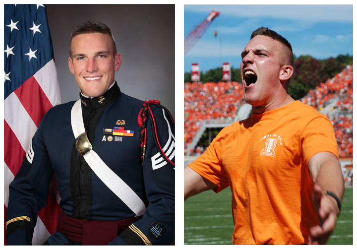 Cadet Shane Wescott in his corps of cadets professional image, countered with an image of him screaming at a football game