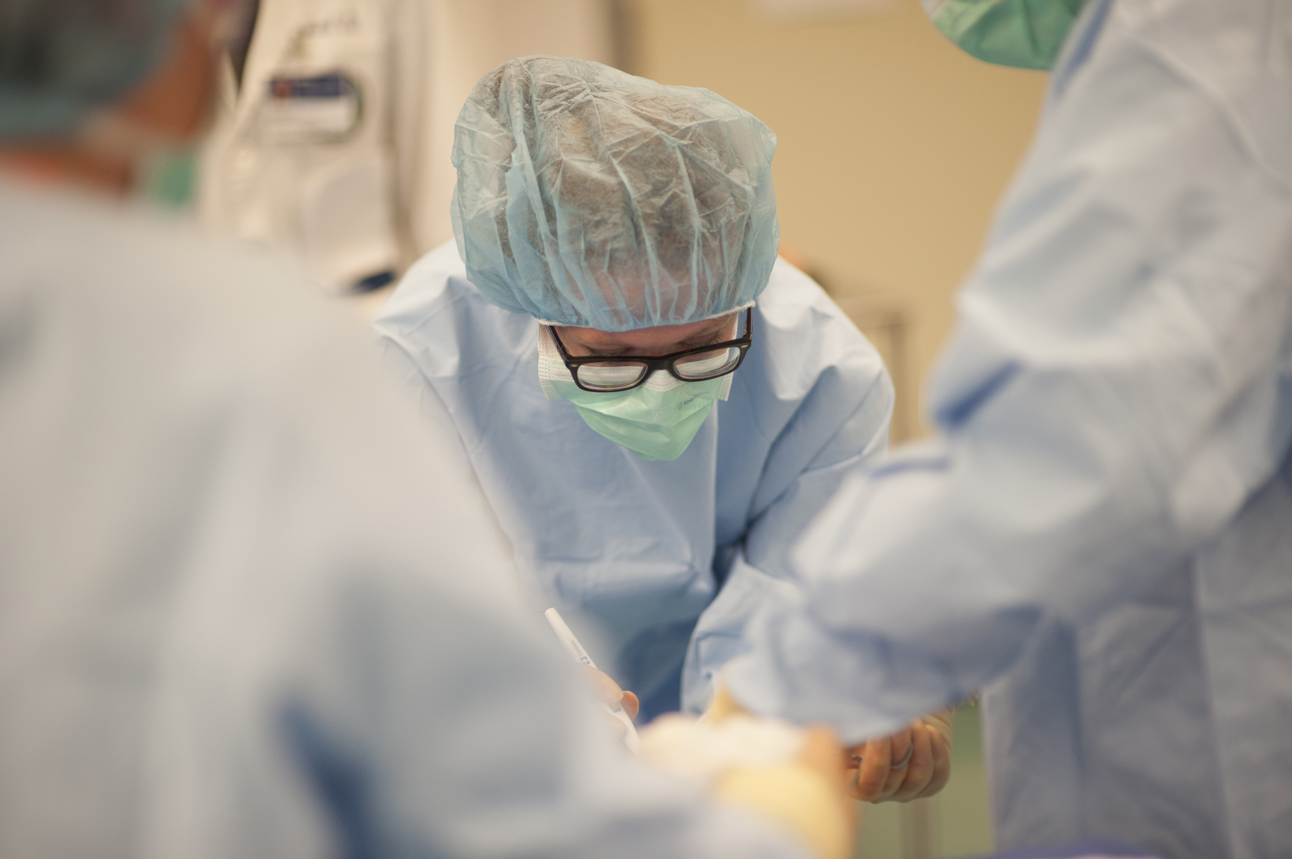 Ashley Parks, a fourth-year student at the Virginia Tech Carilion School of Medicine, practices her surgical techniques in an interprofessional mock disaster day held at the Jefferson College of Health Sciences in Roanoke. 
