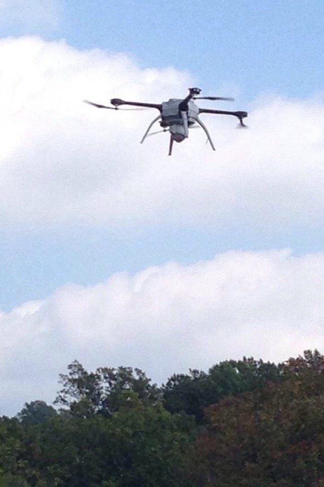 Virginia Tech pilots flew this unmanned aircraft during a search-and-rescue mission near Charlottesville in October, 2014, marking what may be the first use of such a craft for law enforcement purposes in Virginia. Photo by Albemarle County Police Department.