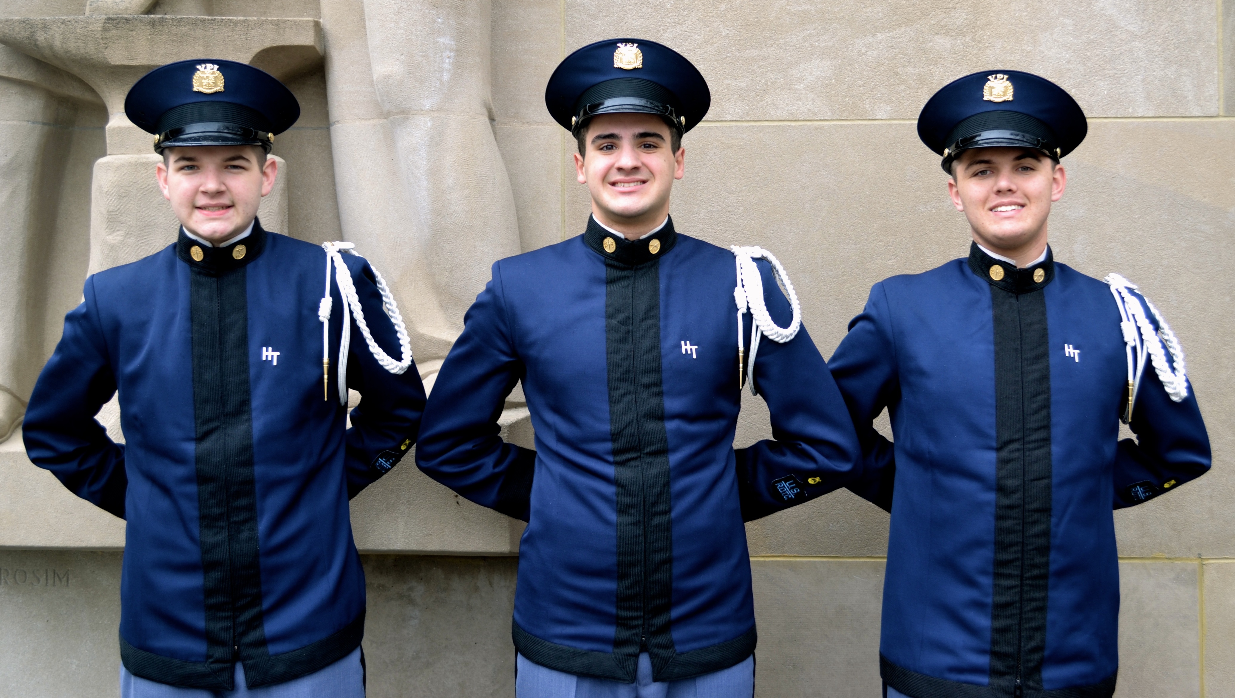 From left to right are Cadet Mason Sorrell, Cadet Fabio Brocco, and Cadet Zachery Luce in front of the Pylons.