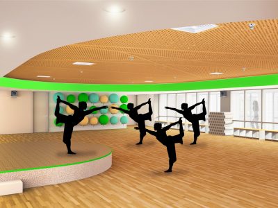 A digital rendering on women practicing yoga in a fitness studio with blonde wood floors and ceiling.