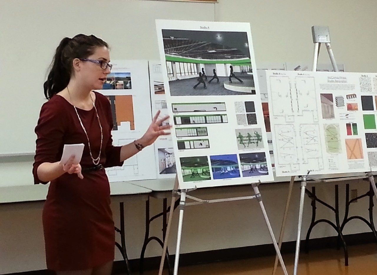Interior design student Lyndsay Digman presents her design concepts for the fitness studios in McComas Hall