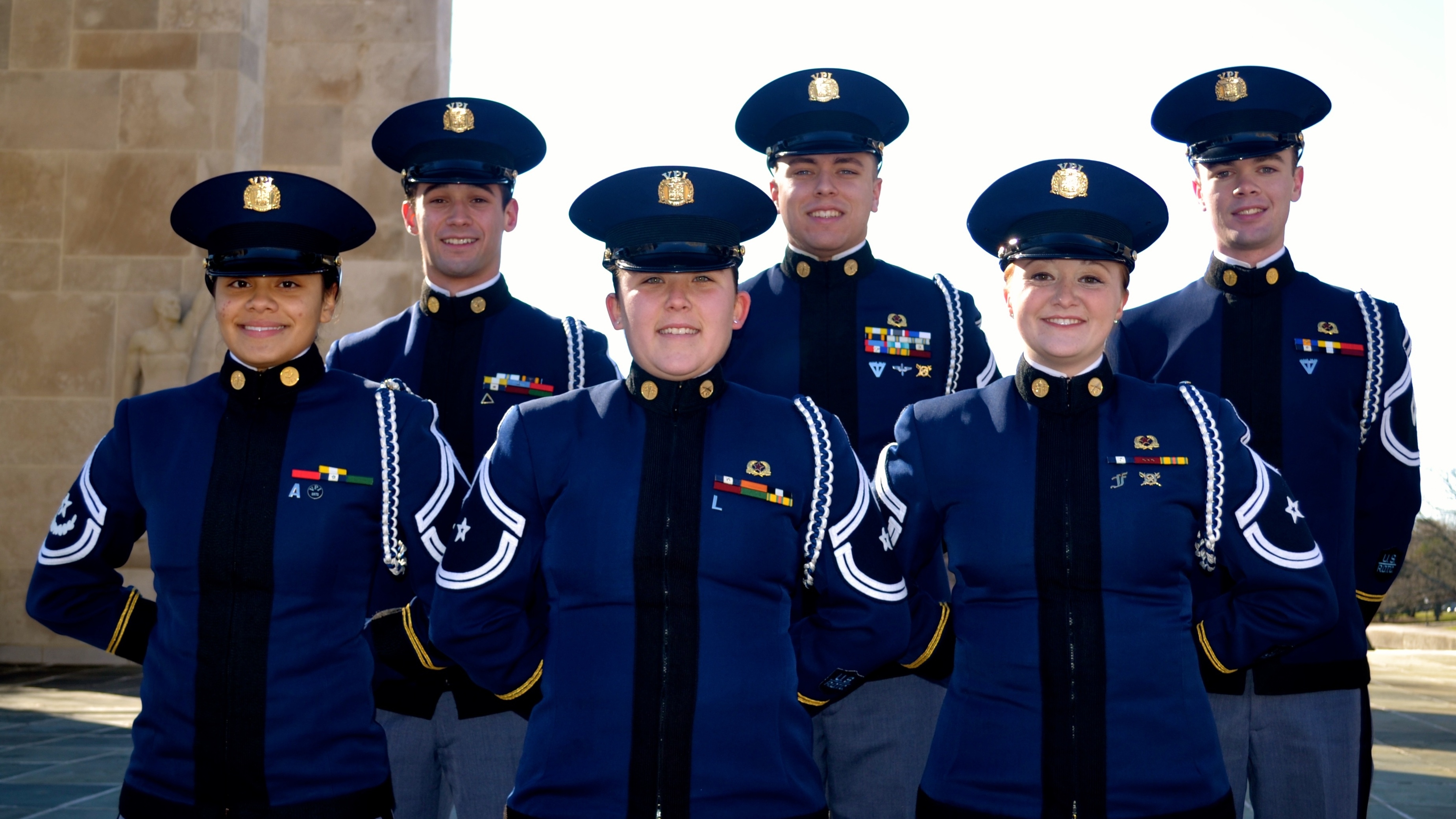 From left to right are members of the Virginia Tech Corps of Cadets Color Guard Cadet Stephanie Morales, Cadet Christopher Jimenez, Cadet Kristen Calhoun, Cadet Christopher Blaney, Cadet Lindsey Hobbs, and Cadet Brady Marston at the Pylons.