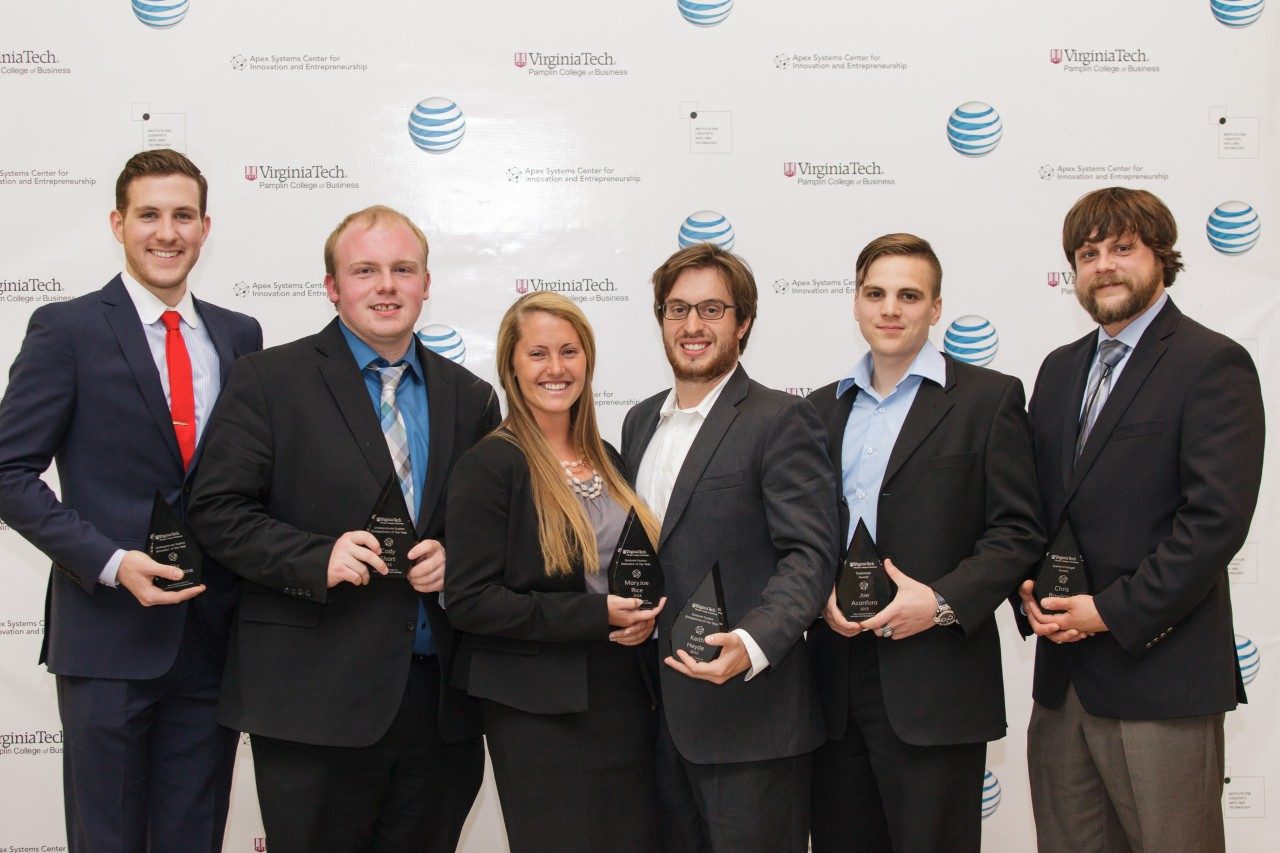 Pictured are the Virginia Tech Innovation and Entrepreneurship Award winners: Sky Van Iderstine, of Annapolis, Maryland; Cody Short, of Farmville, Virginia; M.J. Rice, of Reisterstown, Maryland; Keith Heyde, of Wilton, Connecticut; Joe Acanfora, of Gilbertsville, New York,; and Chris Roland, of Catawba, Virginia.