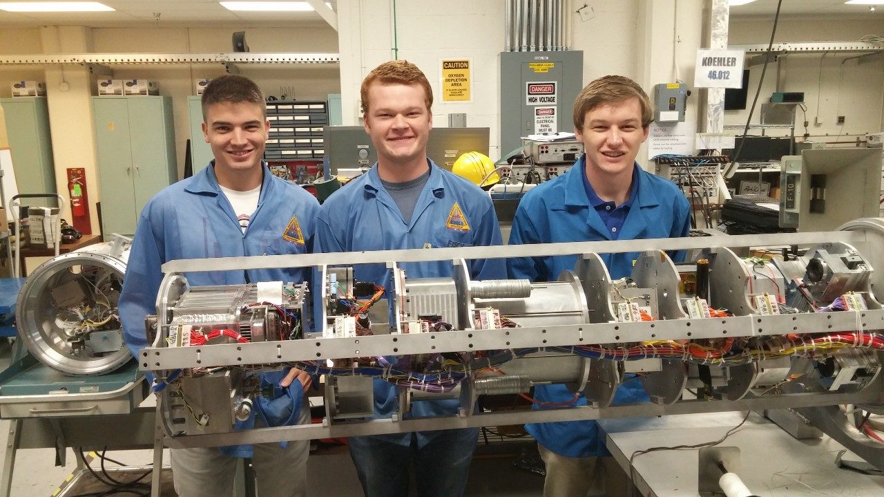 Virginia Tech’s RockSat-X team includes (left to right) Seth Austin, Sebastian Welsh, and John Mulvaney, all of the College of Engineering. The team, comprised of 20 students, will launch a self-designed and built 3-D printer into suborbital space on August 11 from NASA’s Wallops Flight Facility.