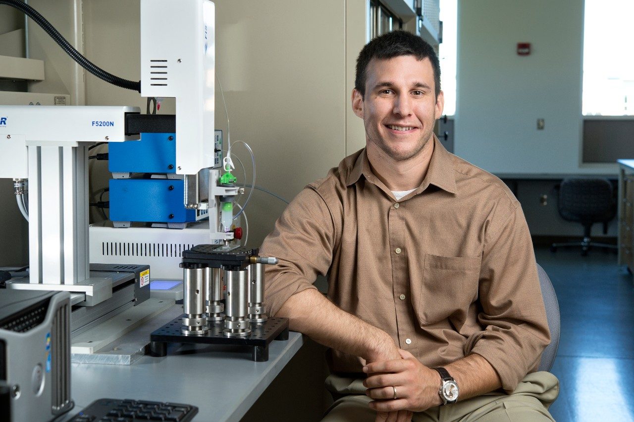 Blake Johnson, an assistant professor with the Virginia Tech Grado Department of Industrial and Systems Engineering, is part of a team to develop 3-D printed scaffolds that could one day help regenerate damaged, missing peripheral nerve pathways. 