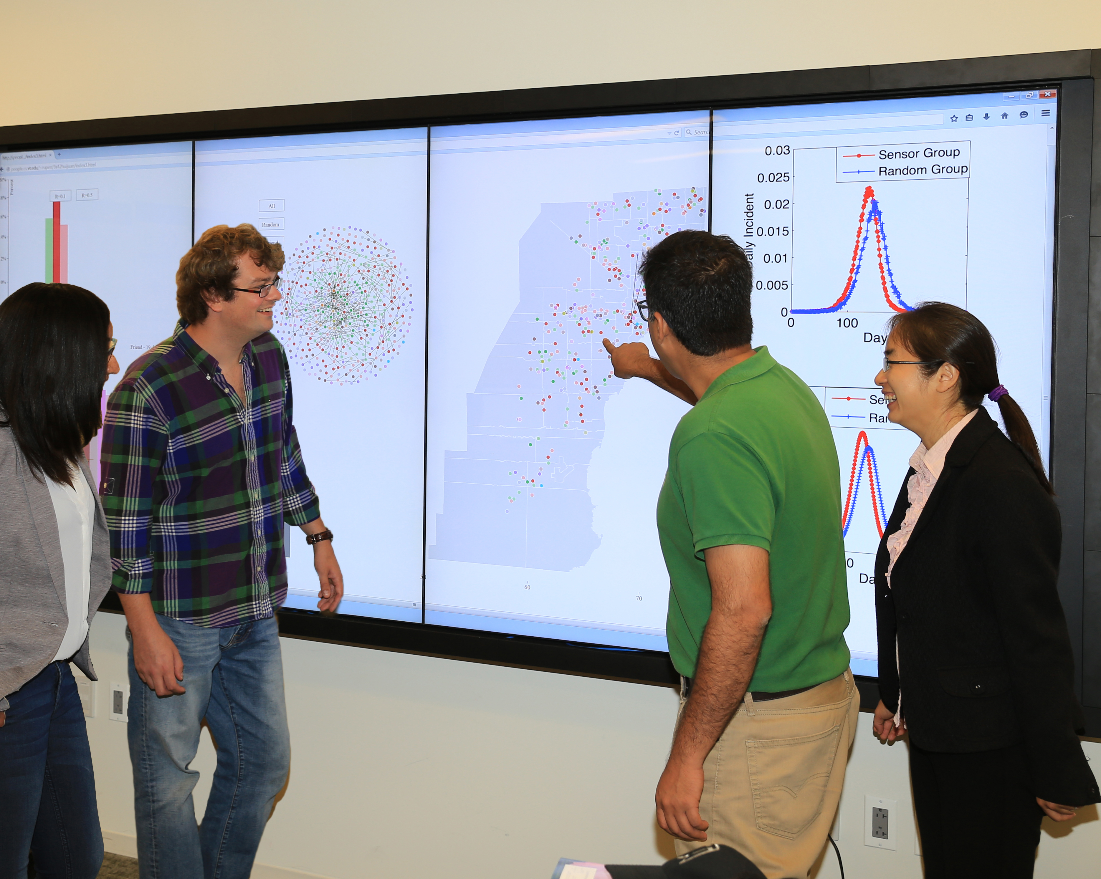 Four graduate students view a big data visualization.
