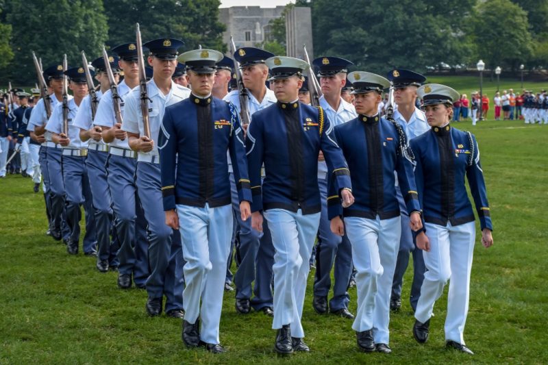 First-year cadets, led by their training cadre leaders, march in formation onto the Drillfield during the 2015 New Cadet Parade.
