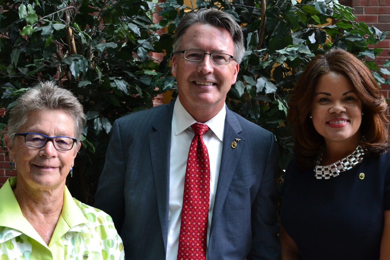 Vice President and Dean for Graduate Education Karen DePauw, President Tim Sands, and Howard University Graduate School Associate Dean Chontrese Doswell Hayes at the Bouchet Forum